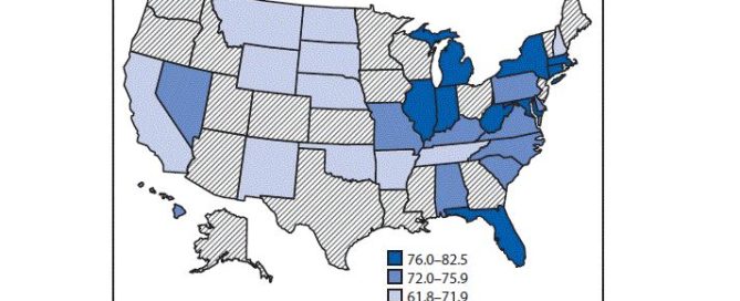Map of short sleep duration prevalence among U.S. high school students