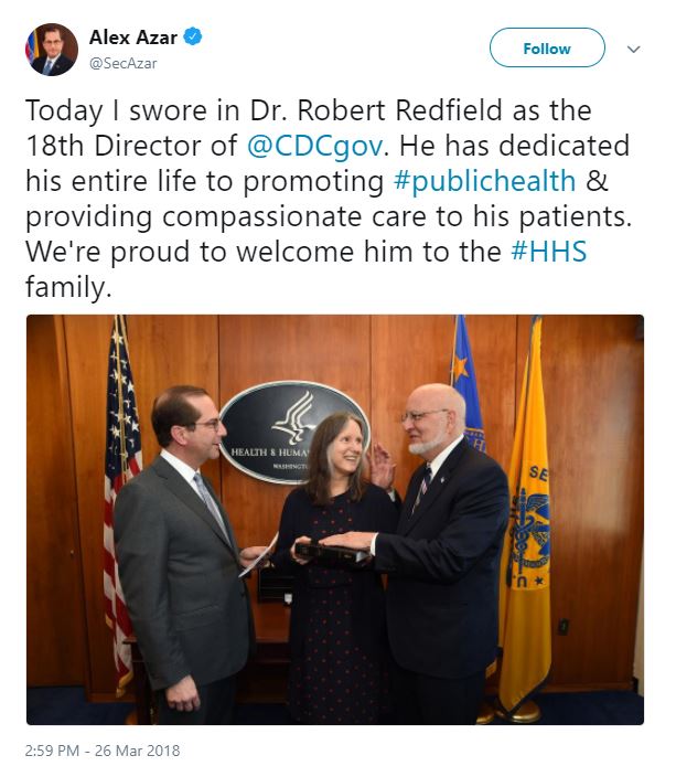 HHS Secretary Alex Azar swears in Dr. Robert Redfield as CDC director