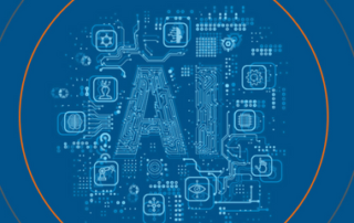 A graphic with the letters AI surrounded by technologic graphics.