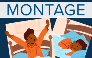 Illustration of two children in bed, one waking up and stretching in the morning while the other sleeps peacefully, representing healthy sleep and wake routines.