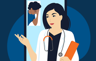 Illustration of a healthcare professional with a stethoscope holding a clipboard next to a smartphone showing a patient with a headache, representing a virtual medical consultation.