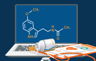 Illustration of a chemical structure displayed on a laptop screen alongside prescription medication, pills, and a medical document, representing pharmaceutical research or medication-based treatment.
