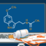 Illustration of a chemical structure displayed on a laptop screen alongside prescription medication, pills, and a medical document, representing pharmaceutical research or medication-based treatment.